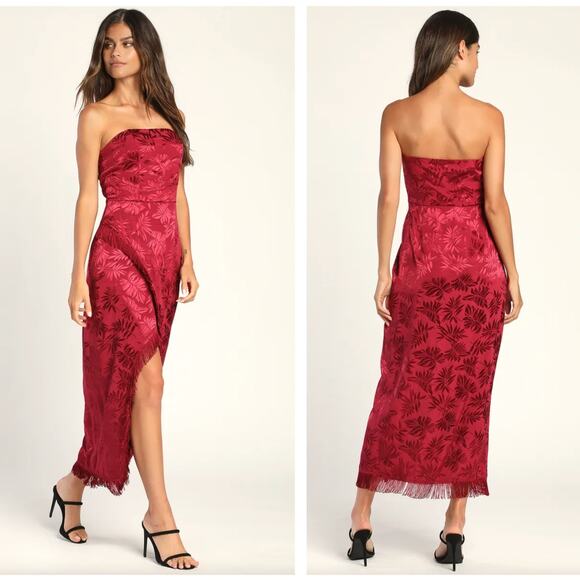 LULUS Ignite My Love Burgundy Embossed Strapless Fringe Midi Dress {BB17} - Picture 2 of 2